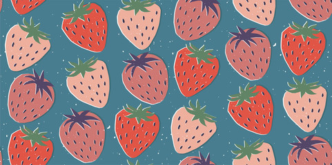 Hand drawn modern illustration with strawberry. Vintage trendy vector seamless pattern in vibrant colors. Retro, pin-up repeating texture.