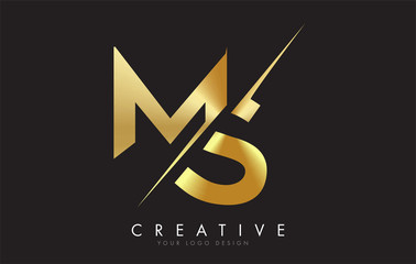 MS M S Golden Letter Logo Design with a Creative Cut.