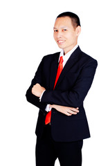 Obraz na płótnie Canvas Asian business man portrait with skinhead hair style cross one's arm Isolated on white background