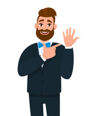 Young bearded trendy man showing wedding ring and pointing hand finger. Male character design illustration. Modern lifestyle, latest trend concept in vector cartoon style. Person's happy married life.