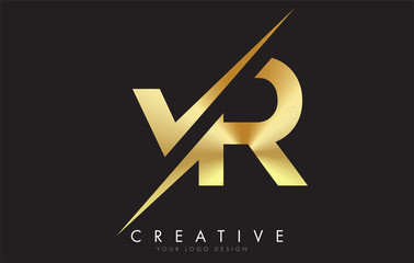 VR V R Golden Letter Logo Design with a Creative Cut.