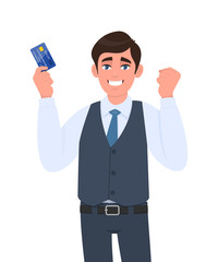 Excited young businessman showing credit, debit card. Man making or gesturing raised hand fist. Successful person in waistcoat holding ATM card. Stylish male character illustration in vector cartoon.