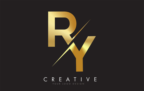 RY R Y Golden Letter Logo Design with a Creative Cut.