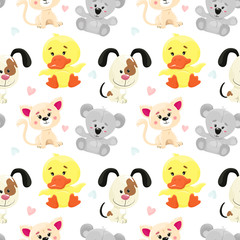 Seamless pattern with cute animals, puppy, kitten, teddy bear and duckling. Vector pattern in cartoon style.