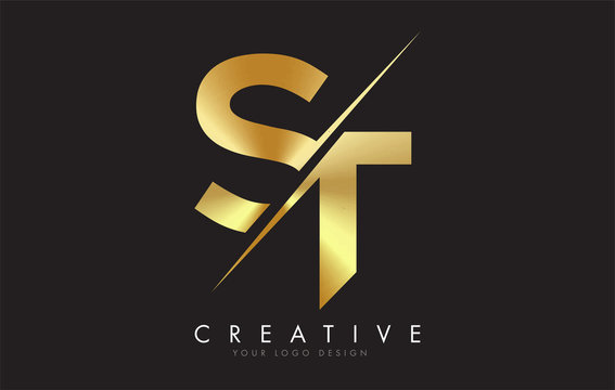 ST S T Golden Letter Logo Design with a Creative Cut.
