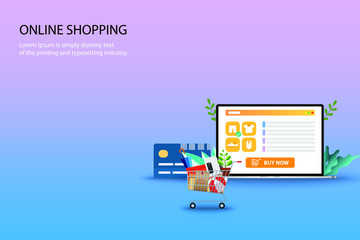 Business concept of online shopping, shopping cart is in the front of credit card and laptop which the display contains list of products, description and customer review in pastel color background.