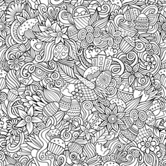 Cartoon cute doodles hand drawn Happy Easter seamless pattern.