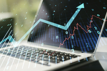 Multi exposure of abstract financial graph with upward arrow on modern computer background, financial and trading concept