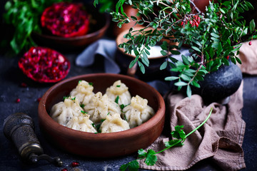 khinkali. traditional Georgian dish.. style rustic