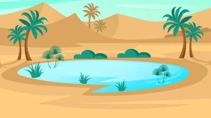 Oasis in desert. Landscape scene in flat design. Vector illustration with sand dunes, blue lake and palms.