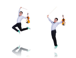 Funny man with violin on white