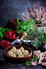 khinkali. traditional Georgian dish.. style rustic