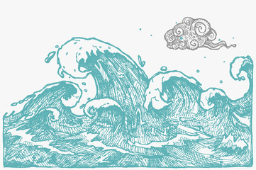 Hand drawn graphic sea. Vector illustration. Sea - ocean waves.