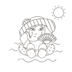 Cute elephant cow in hat with flower waves hand fan while sitting in inflatable rubber ring on sea waves