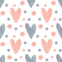 Watercolor hearts seamless pattern. Pink heart, blue heart, watercolor dots.