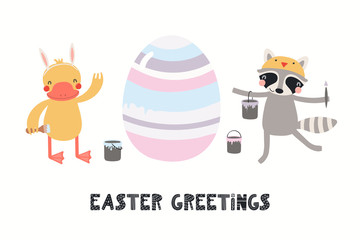 Hand drawn vector illustration with cute funny duck, raccoon painting eggs, text Easter Greetings. Isolated on white background. Scandinavian style flat design. Concept for kids print, card, invite.