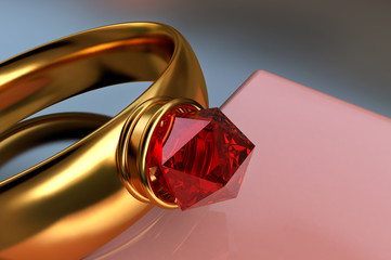 Golden ring with a large diamonds on a pink stand close-up. 3D rendering of gold jewelry with gem