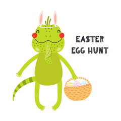 Hand drawn vector illustration with cute funny iguana, basket with eggs, text Easter Egg Hunt. Isolated on white background. Scandinavian style flat design. Concept for children print, card, invite.