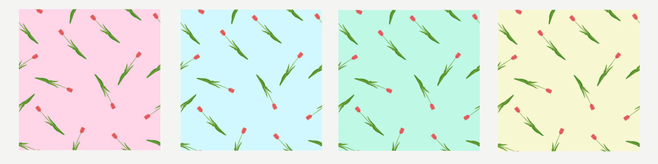 Hand drawn set seamless patterns flowers with leaves. Flower isolated on white background. Botanical organic spring herb. Tulips in doodle style. Collection for cards and labels, books and banners.