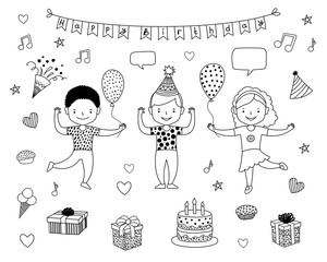 Kids Birthday party celebration. Happy boy in party hat and girls dancing. Vector elements set. Cake, air balloons, gift, present box, cupcake, pie, firework, music. Black and white doodle graphics