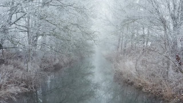 The Aisch River with hoar frost in winter, Franconia, Germany