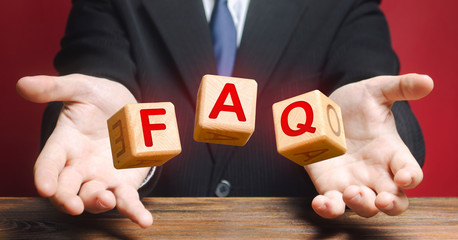 Cubes thrown by a official make word abbreviation acronym FAQ (frequently asked questions)....