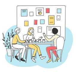 Young people discussing business development vector illustration. Office employees brainstorming and looking at whiteboard with notes and stickers. Briefing scheme, management and planning concept.