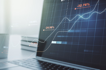 Double exposure of abstract creative statistics data hologram on computer background, analytics and forecasting concept