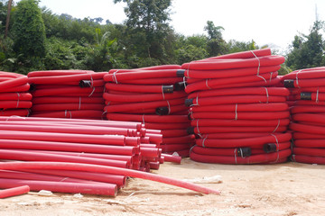 KUALA LUMPUR, MALAYSIA -FEBRUARY 6, 2019: HDPE corrugated pipe with double wall strength at the construction site. Used to protect underground cable. 