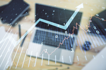 Abstract creative financial graph with upward arrow on modern computer background, financial and trading concept. Multiexposure