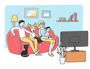 Happy young family watching TV at sofa flat vector illustration. Mother, father, and kids relaxing at home together. Cartoon people in living room watching movie. Entertainment and lifestyle concept.