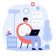 Happy guy using computer for online chat. Young man with laptop sitting in armchair at home. Vector illustration for communication, social media network, digital marketing concept