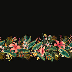 seamless floral border with tropical flowers - 327585379