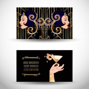 Female hand holding cocktail glass with splash. Art deco (1920's style) vintage invitation template design for drink list, bar menu, glamour event, thematic wedding, jazz party flyer. Vector art.