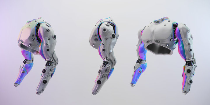 Robot body without hands, 3d rendering of cyborg torso artificial part for replacement with anodized part in three poses