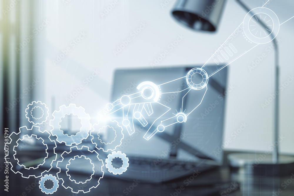 Aufkleber Creative concept of robotics technology on modern laptop background. Robot development and automation concept. Multiexposure