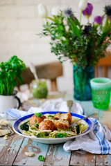 Baked chicken meatballs with broccoli pesto pasta.. style rustic