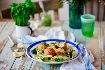 Baked chicken meatballs with broccoli pesto pasta.. style rustic