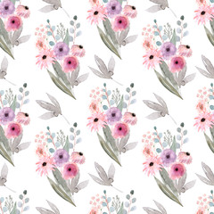 Watercolor seamless pattern with spring flowers, buds and twigs with leaves