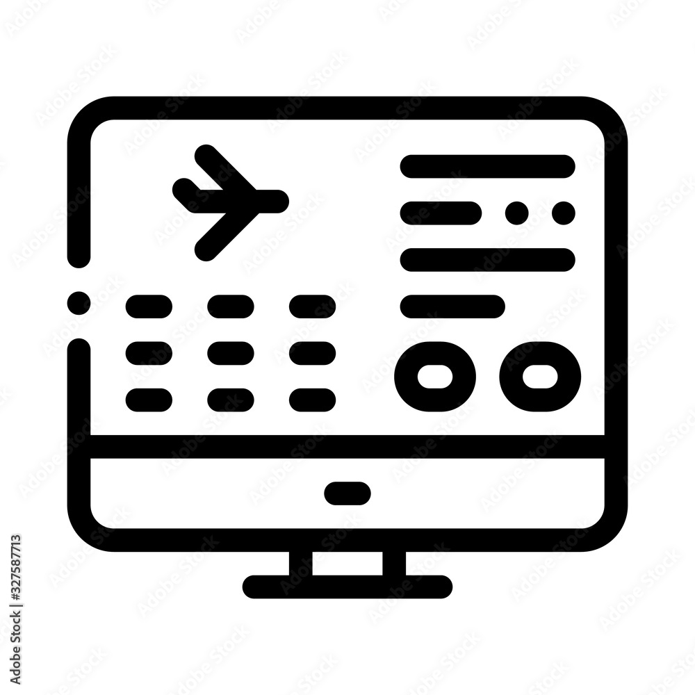 Poster flight information web site icon thin line vector. flight info on computer screen concept linear pic
