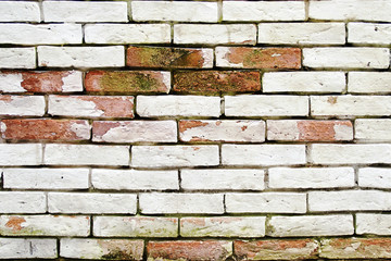 Old Red Brick Wall with Damaged White Paint Texture Background