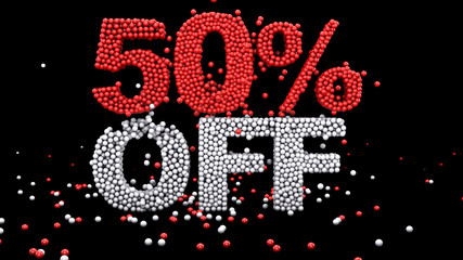 50% OFF. 3D word isolated. Discount Red off Back background. Sale illustration 3d Render.