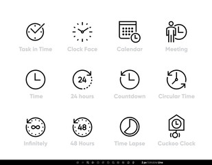 Task and Time icons set. Clock, Calendar, Meeting, 24 hours, Time, 48h, Lapse editable line vector illustration on white background. - 327588962