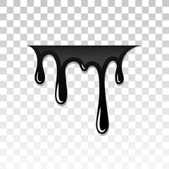 Drip paint 3D. Ink stain. Drop melt liquid isolated on white transparent background. Splash of chocolate, oil, blood. Black graffiti. Splatter syrup, candy sauce, caramel. Vector illustration