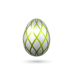 Easter egg 3D icon. Green silver egg, isolated white background. Bright realistic design, decoration for Happy Easter celebration. Holiday element. Shiny pattern. Spring symbol. Vector illustration