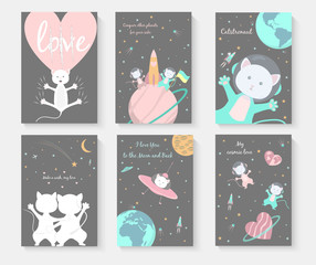 Set cute cats postcards in space. Declaration of love. I love you to the moon and back. Astronaut cats. Poster about the universe. Colorful vector illustration.