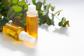 Organic eucalyptus essential oils and fresh eucalyptus branches on white background. Spa and wellness concept. Alternative medicine concept.