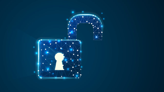 Opened padlock with long light shadow from the keyhole. Raster illustration consisting of points, lines, and shapes.