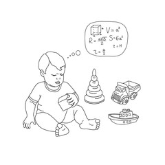  The little prodigy solves the geometry problem in the mind. Isolated on a white background. The child examines the cube, drawn by hand in black lines. Vector illustration.