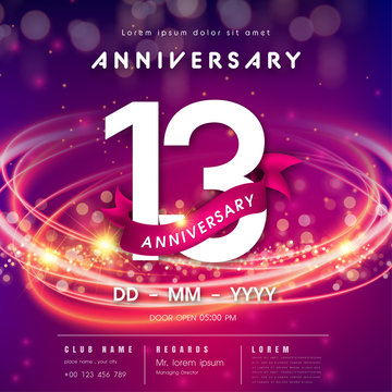 13 years anniversary logo template on purple Abstract futuristic space background. modern technology design celebrating numbers with Hi-tech network digital technology concept design elements.